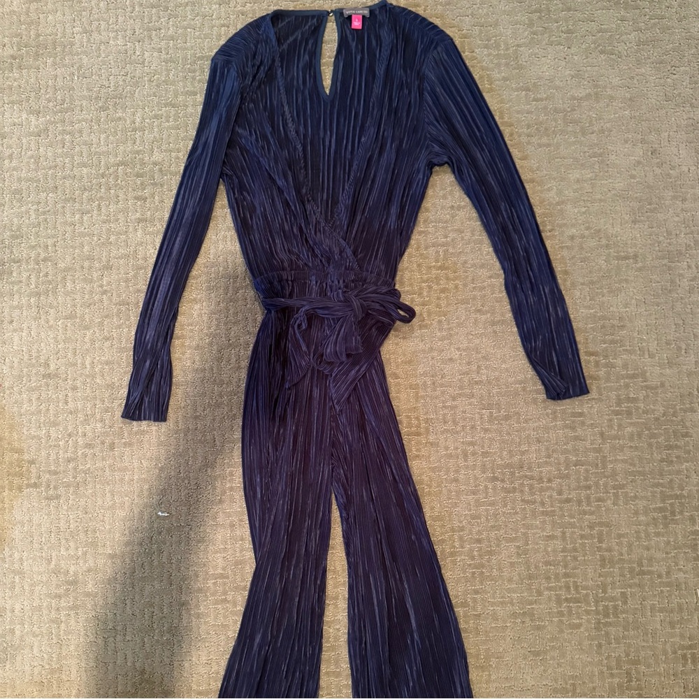 Vince Camuto blue silky jumpsuit with tie waist detail and v neck front